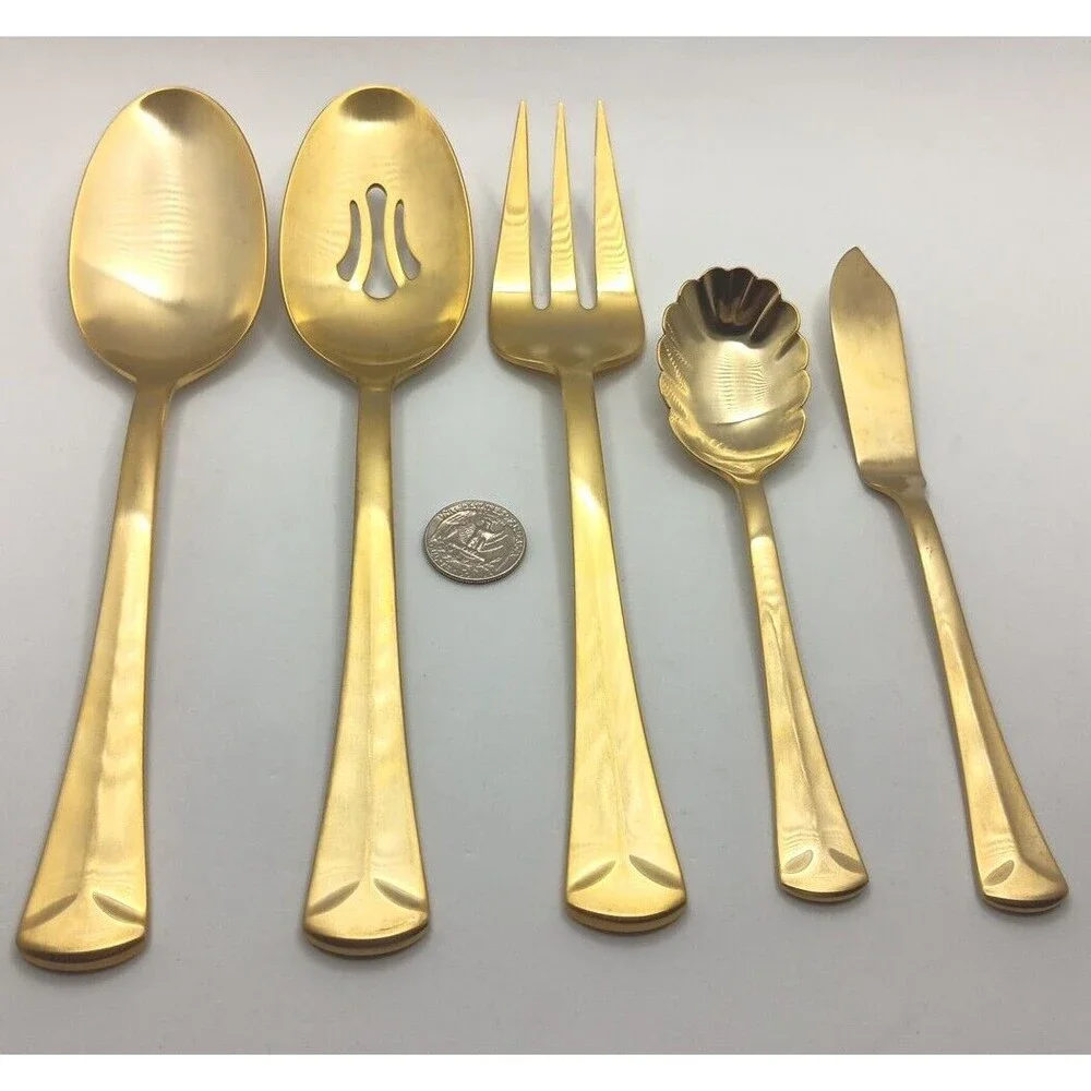 Reed & Barton Baquette Matte Gold 5 Piece Server Set 18/10 Stainless Flatware